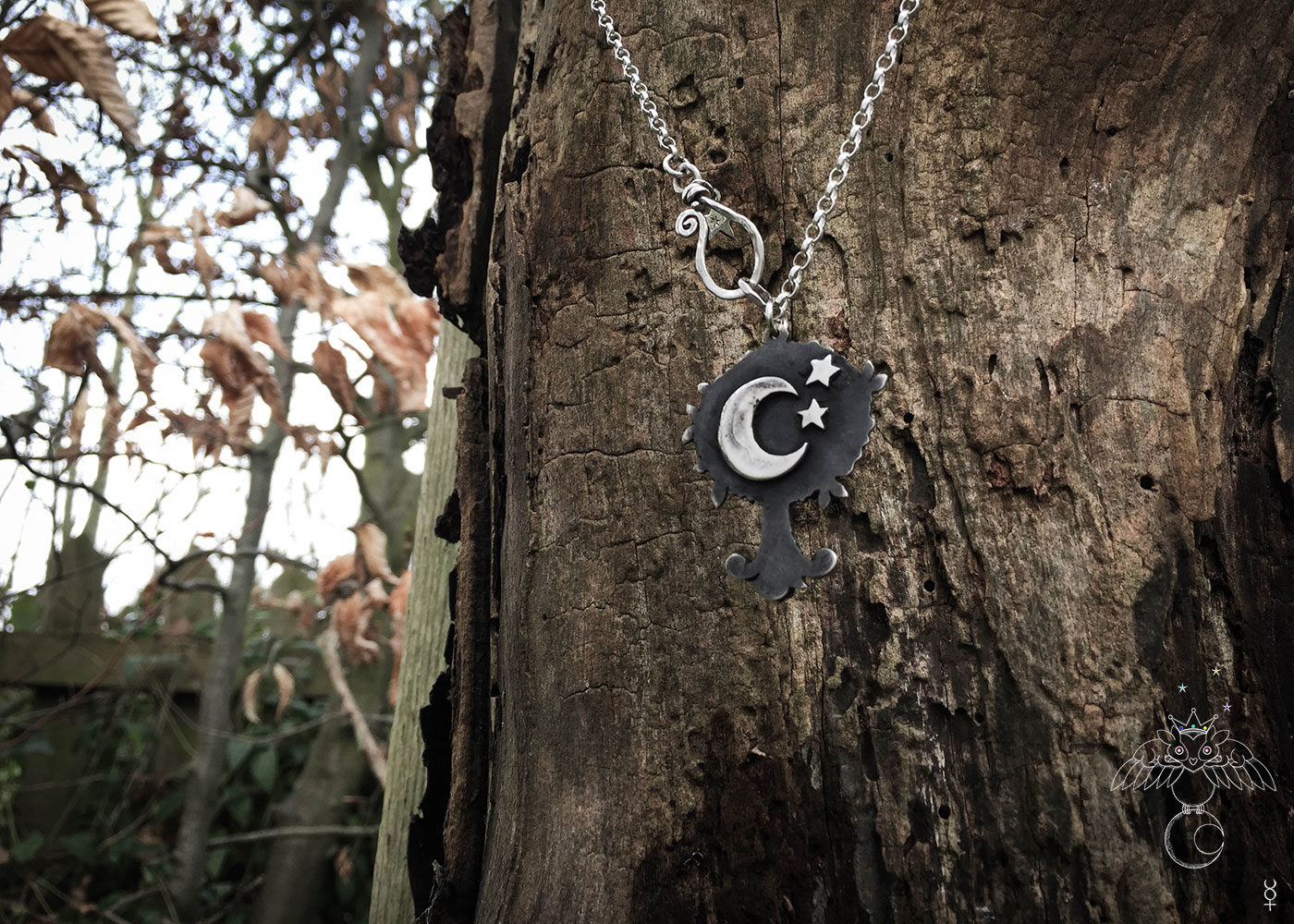 Handcrafted and recycled Victorian silver coin magical moon Tree necklace