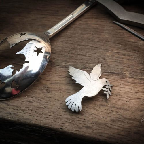 Peace dove jewellery - handmade and recycled antique spoon brooch