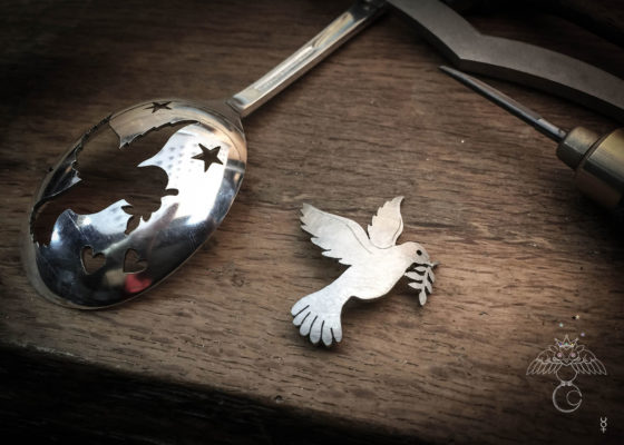 Peace dove jewellery - handmade and recycled antique spoon brooch