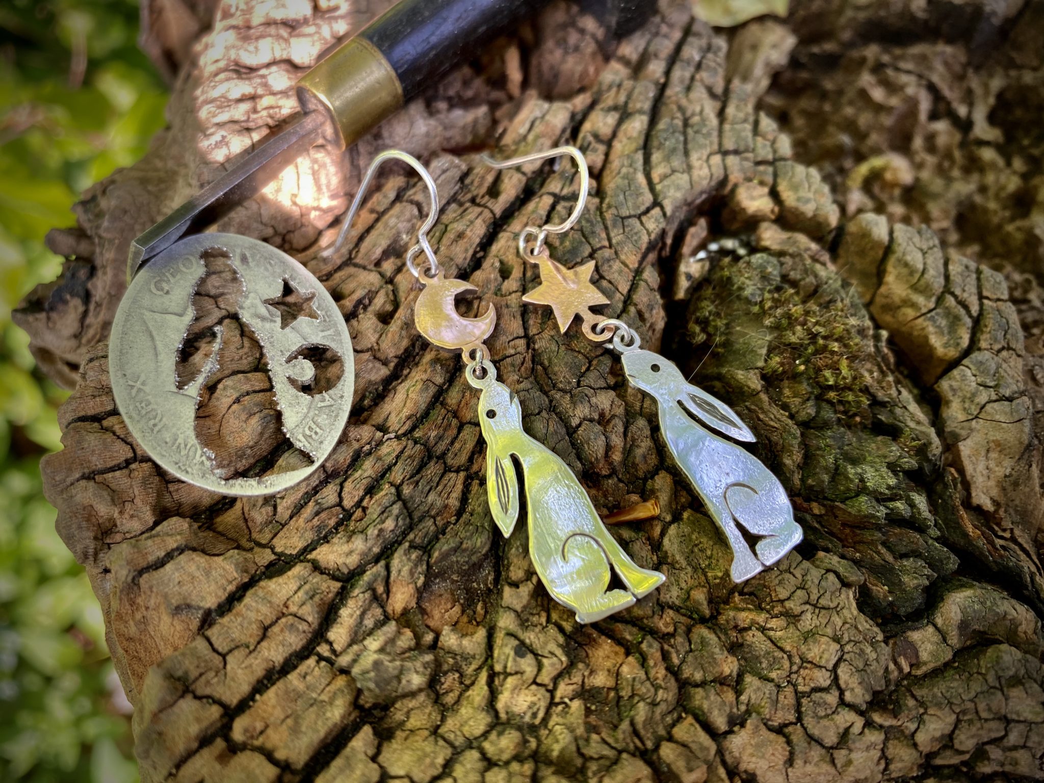 Moon Gazing Hare earrings - Recycled sterling silver shilling coins