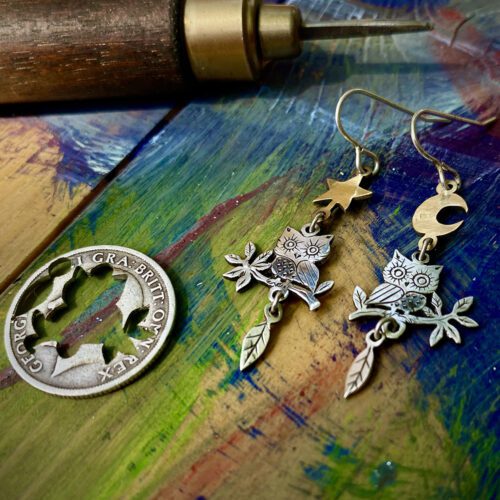starry owl silvercoin earrings