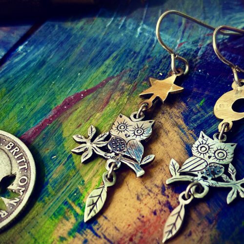 starry owl silvercoin earrings