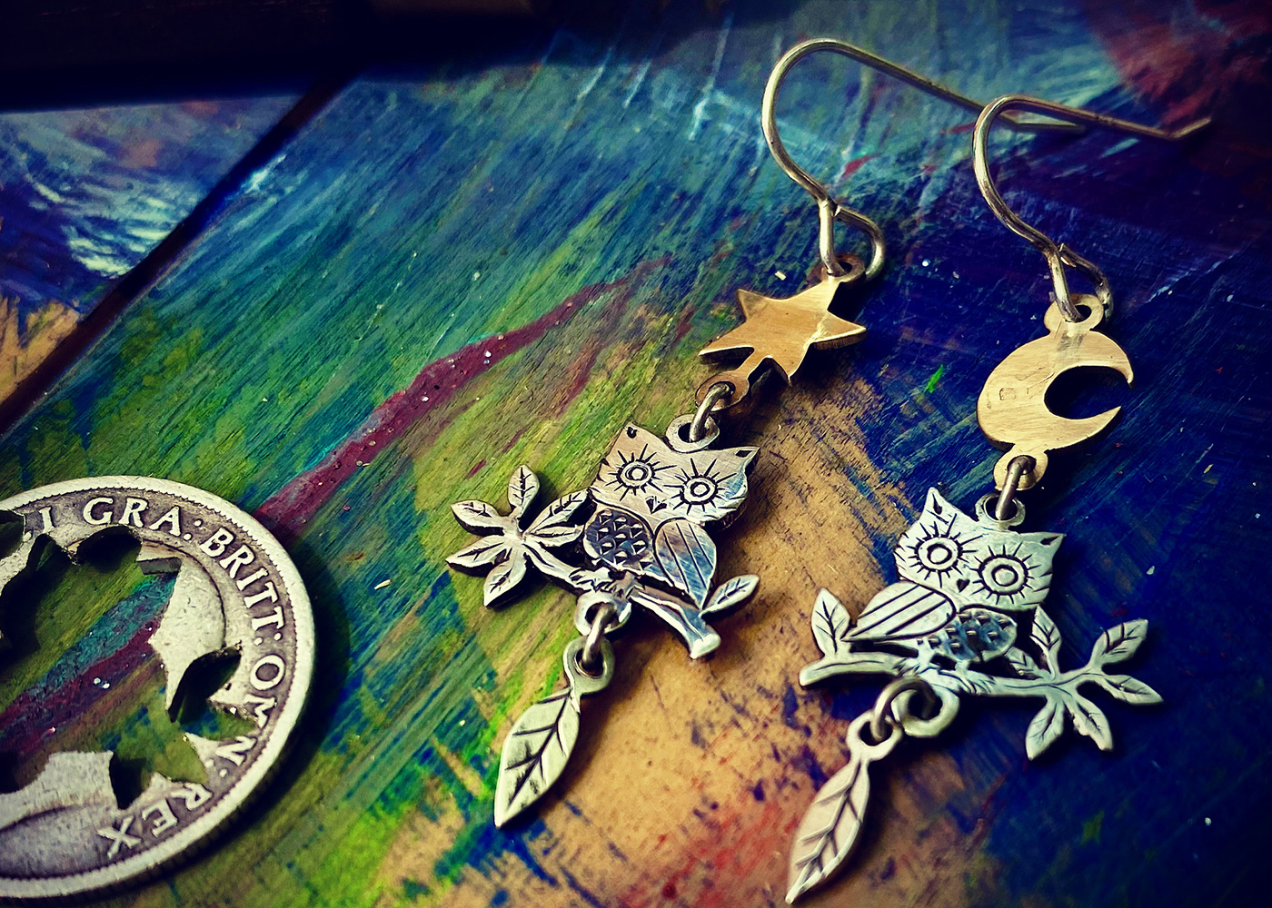 starry owl silvercoin earrings