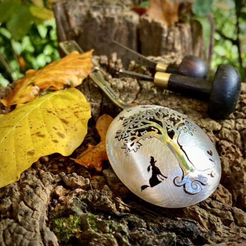 recycled up cycled spoon jewelry cat in a tree brooch. Handcrafted by the Hairy Growler, Cambridge