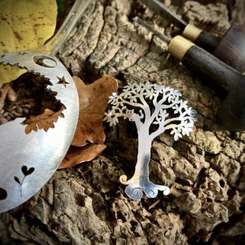 recycled up cycled spoon jewelry cat in a tree brooch. Handcrafted by the Hairy Growler, Cambridge