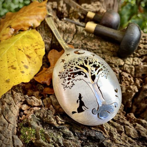 recycled up cycled spoon jewelry cat in a tree brooch. Handcrafted by the Hairy Growler, Cambridge