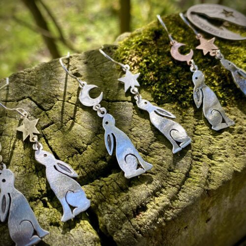 Moon Gazing Hare earrings - Recycled sterling silver shilling coins