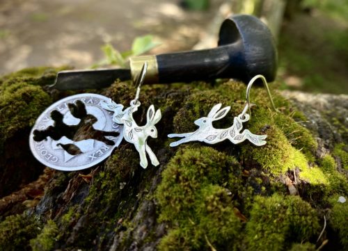 silver coin leaping running hare rabbit earrings