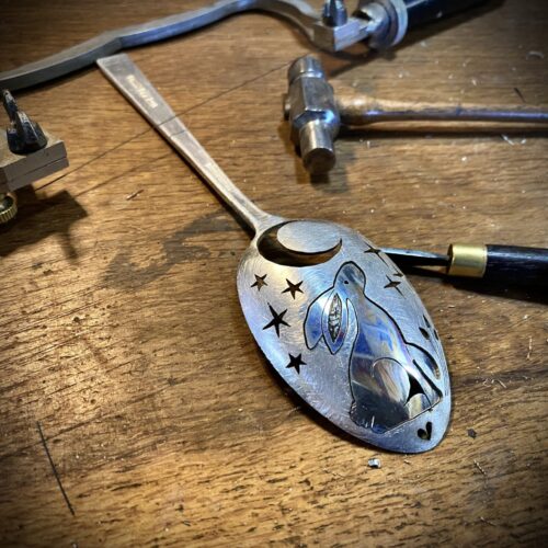moon gazing hare brooch made from upcycled flatware, repurposed spoons, cutlery by hairy growler jewellery