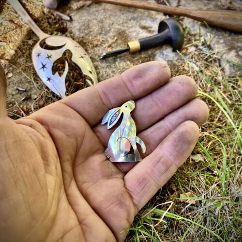 moon gazing hare brooch made from upcycled flatware, repurposed spoons, cutlery by hairy growler jewellery