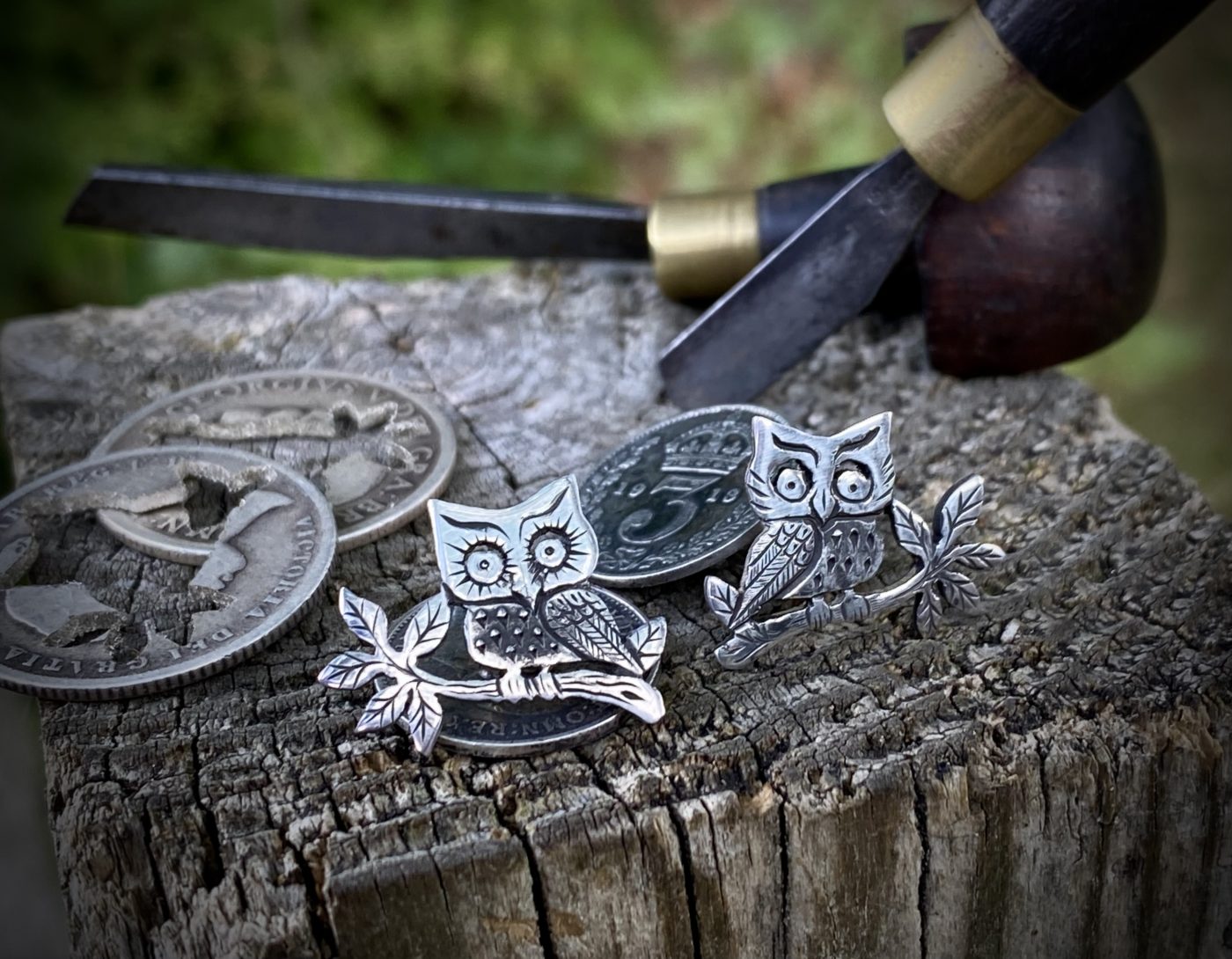 owl cufflinks handmade and upcycled from sterling silver shillings and threepence coins
