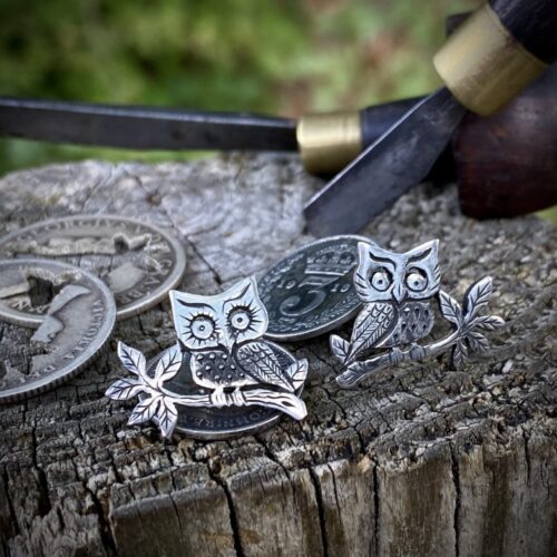 owl cufflinks handmade and upcycled from sterling silver shillings and threepence coins