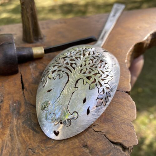 handcrafted and recycled spoon willow-tree brooch