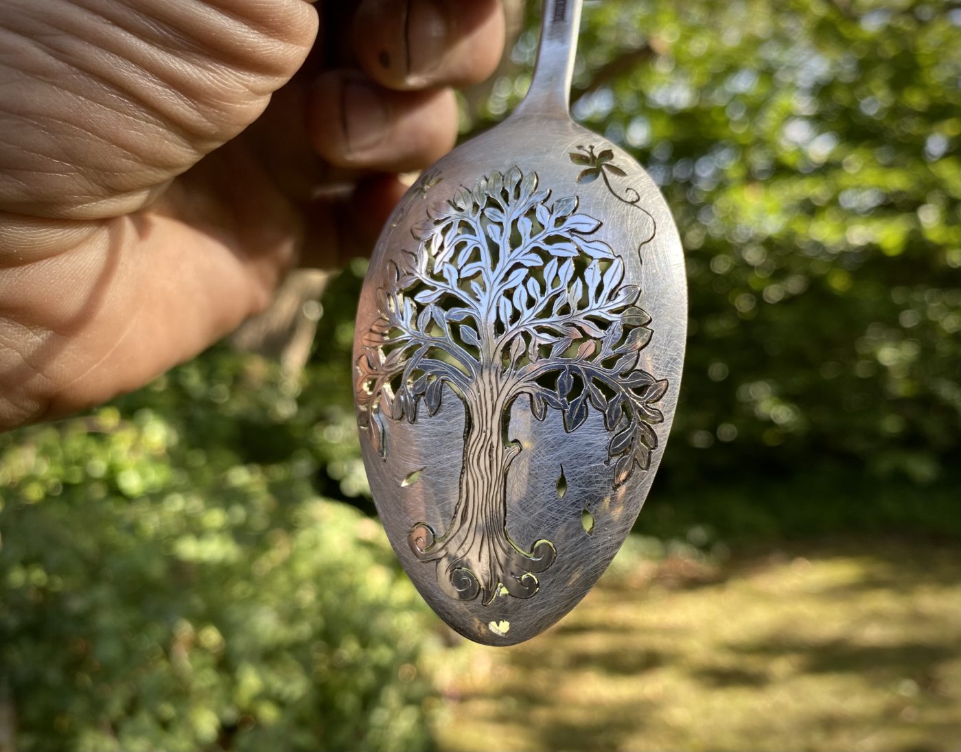 handcrafted and recycled spoon willow-tree brooch