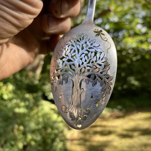 handcrafted and recycled spoon willow-tree brooch