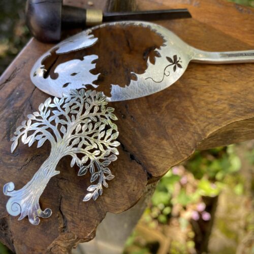 handcrafted and recycled spoon willow-tree brooch