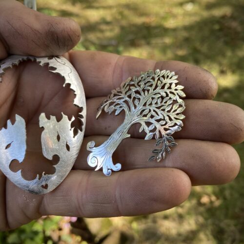 handcrafted and recycled spoon willow-tree brooch