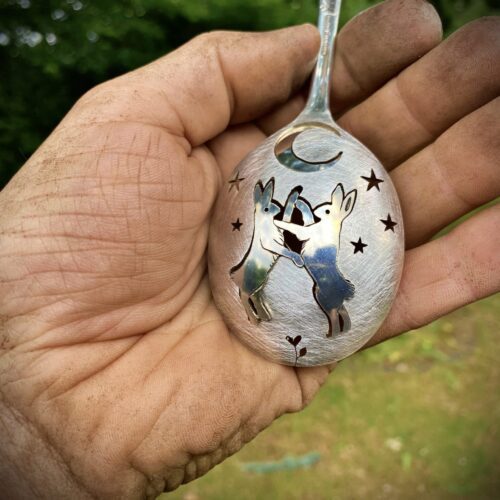 handcrafted and recycled spoon boxing-hare brooch