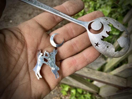 handcrafted and recycled spoon boxing-hare brooch