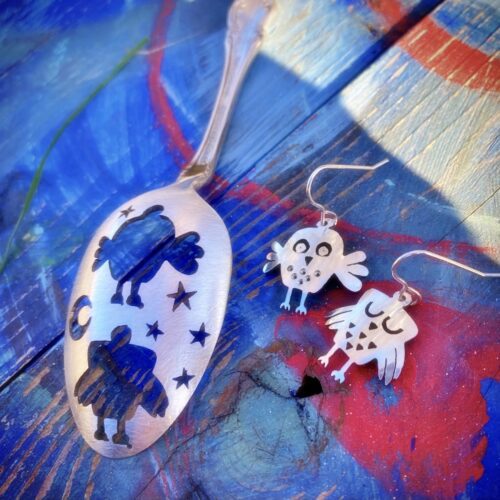 handmade and upcycled vintage flatware spoon owl earrings
