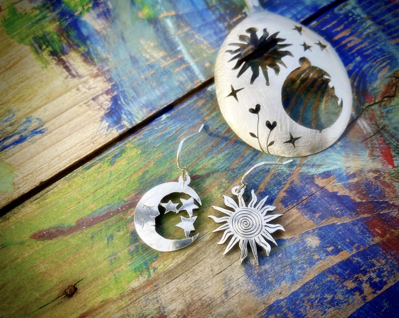 sun and moon earrings ethically handmade from an old spoon