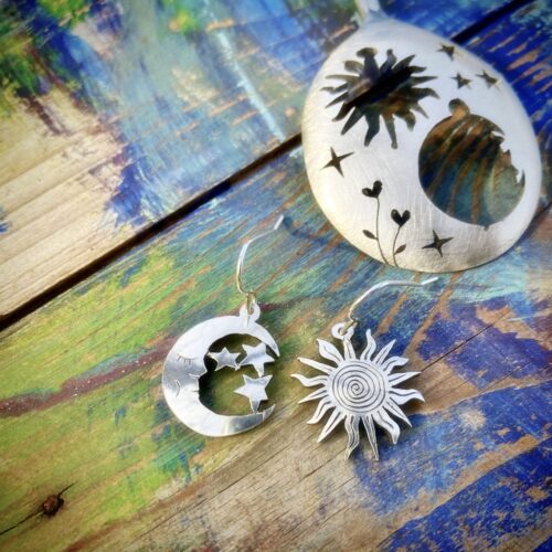 sun and moon earrings ethically handmade from an old spoon