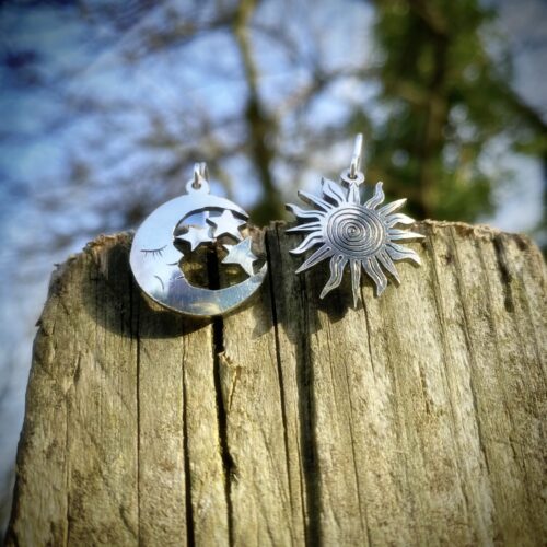 sun and moon earrings ethically handmade from an old spoon