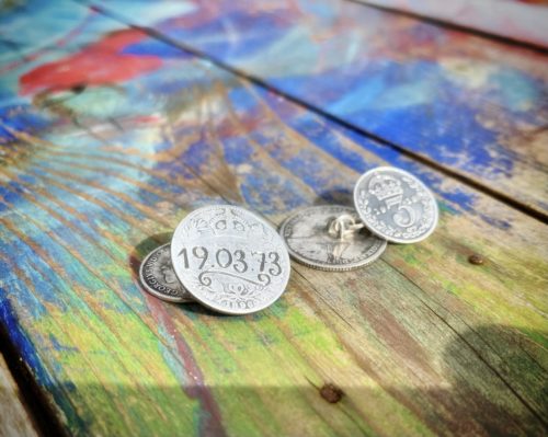 Hairy Growler Jewellery - Star Crossed collection. Lucky sixpence cufflinks handcrafted and recycled from sterling silver sixpences and threepence coins