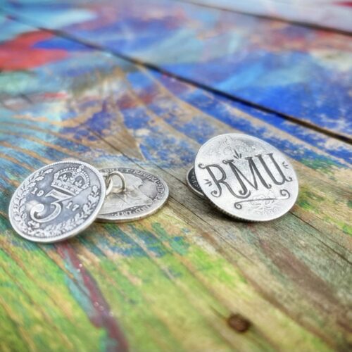 Hairy Growler Jewellery - Star Crossed collection. Lucky sixpence cufflinks handcrafted and recycled from sterling silver sixpences and threepence coins