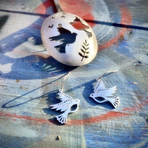 handcrafted and recycled spoon dove earrings