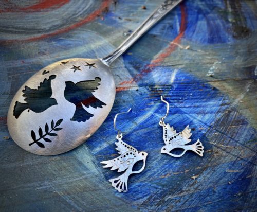 handcrafted and recycled spoon dove earrings