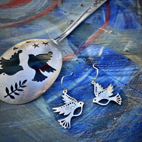handcrafted and recycled spoon dove earrings