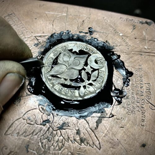 Handcrafted and recycled owl coin brooch