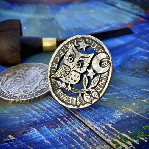 Handcrafted and recycled owl coin brooch