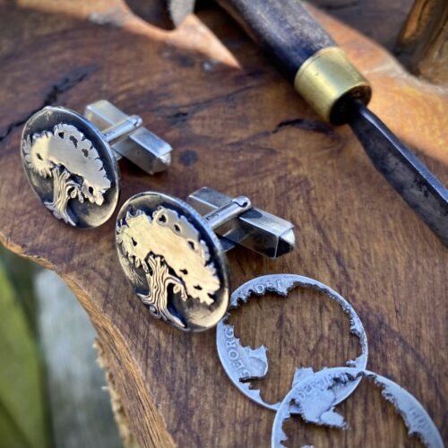 Oak tree cufflinks handcrafted and recycled from sterling silver sixpence coins