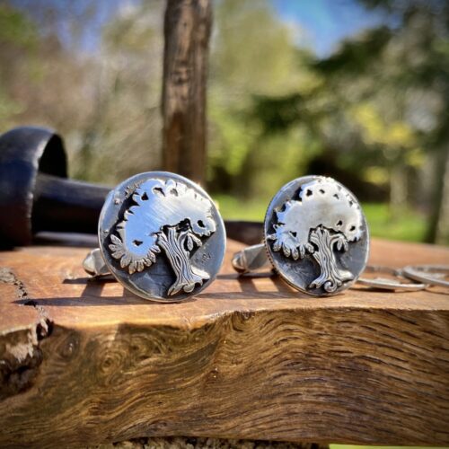 Oak tree cufflinks handcrafted and recycled from sterling silver sixpence coins