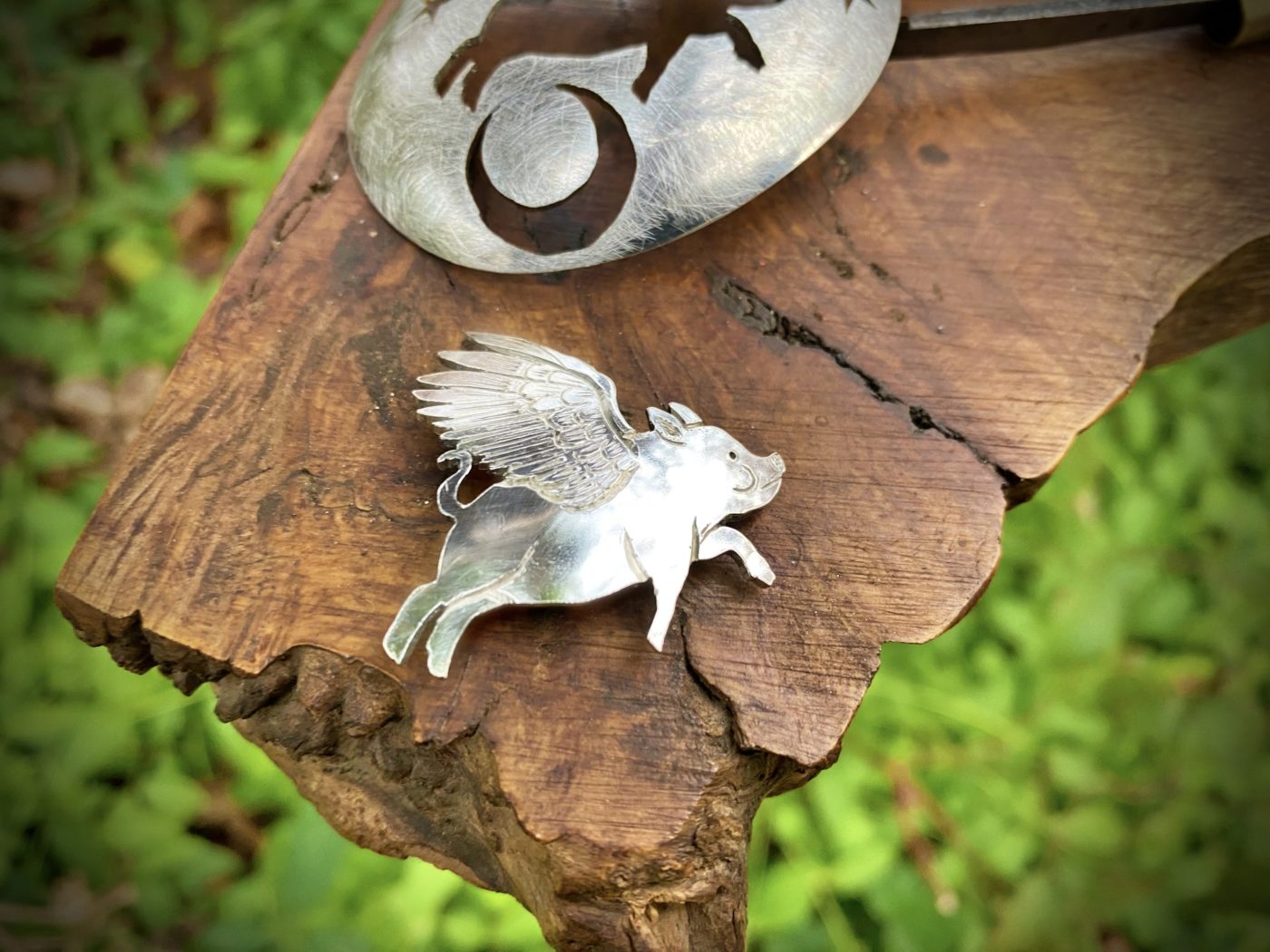 The Flying pig of disbelief. Handcrafted and ethically produced from a recycled vintage antique spoon
