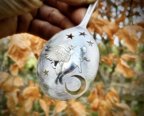 The Flying pig of disbelief. Handcrafted and ethically produced from a recycled silver spoon