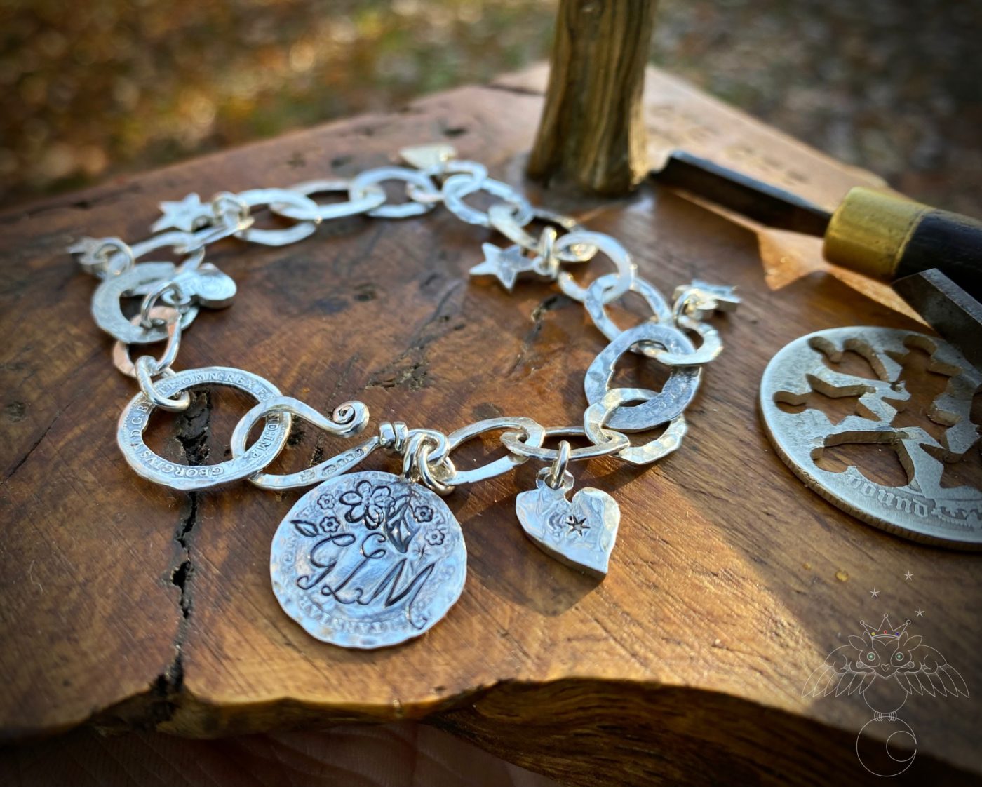 Personalised initials and stars bracelet individually handcrafted and recycled from an old Victorian silver coins