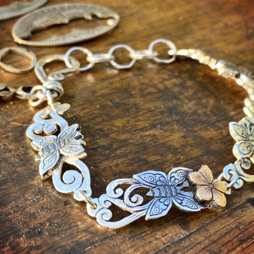 Butterfly bracelet individually handcrafted and recycled from an old Victorian silver coins