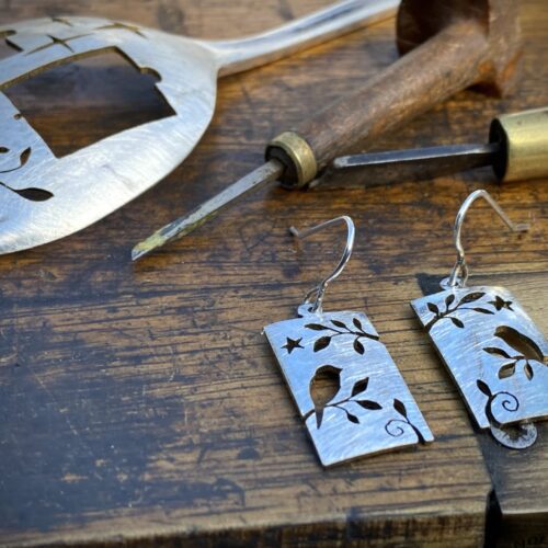 cute bird earrings recycled antique spoon