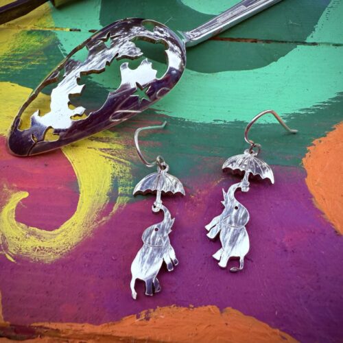 handcrafted and repurposed spoon flying elephant earrings