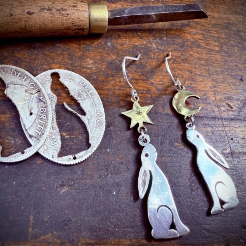 Moon Gazing Hare earrings - Recycled sterling silver shilling coins