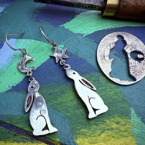 Moon Gazing Hare earrings - Recycled sterling silver shilling coins