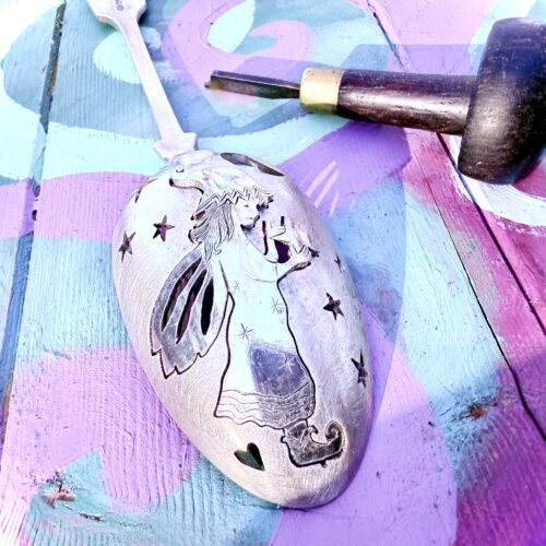 handcrafted and recycled spoon fairy brooch