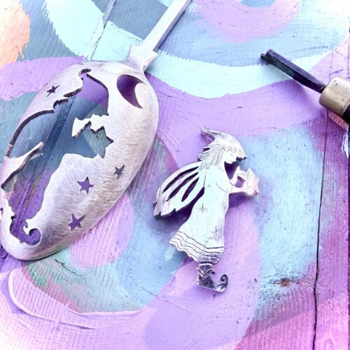 handcrafted and recycled spoon fairy brooch