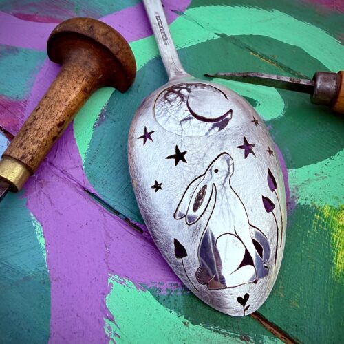 moon gazing hare rabbit brooch made from upcycled flatware, repurposed spoons, cutlery by hairy growler jewellery