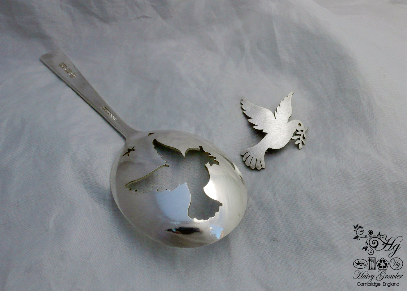 handcrafted and recycled peace dove spoon brooch