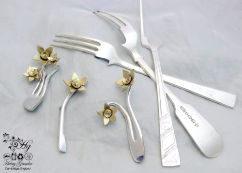 handcrafted and recycled daffodil flower fork brooch