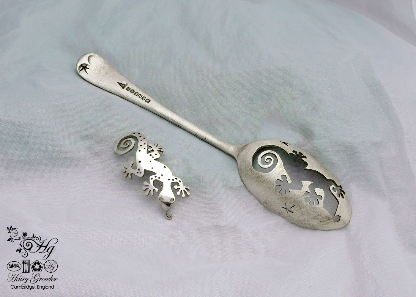 handmade and recycled spoon gecko brooch